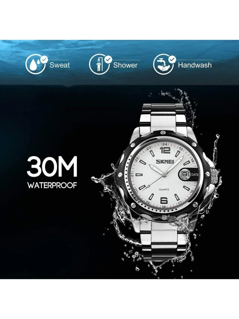 Men's Silver White Analog Quartz Stainless Steel Waterproof Luxury Wrist Watch